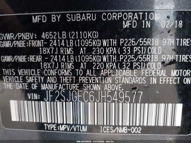 Auction sale of the 2018 Subaru Forester 2.0xt Premium, vin: JF2SJGEC6JH549577, lot number: 43702036