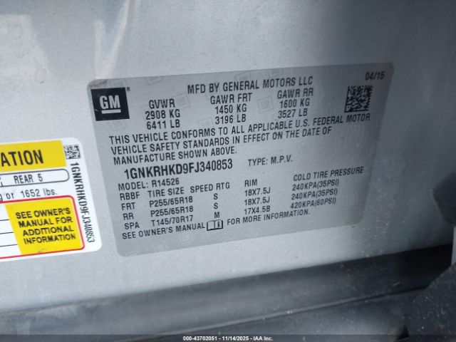 2015 CHEVROLET TRAVERSE 1GNKRHKD9FJ340853 Photo 8