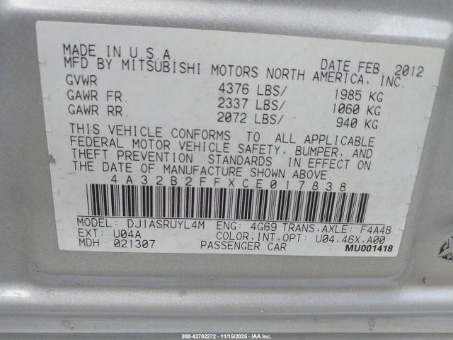 2012 MITSUBISHI GALANT 4A32B2FFXCE017838 Photo 8