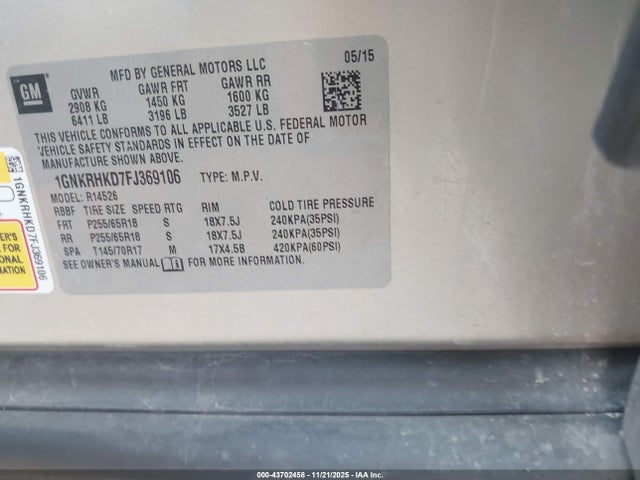 2015 CHEVROLET TRAVERSE 1GNKRHKD7FJ369106 Photo 8