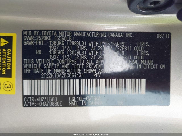 Aukcja sprzedaży 2011 Lexus Rx 350, vin: 2T2ZK1BA2BC064431, numer aukcji: 43702476