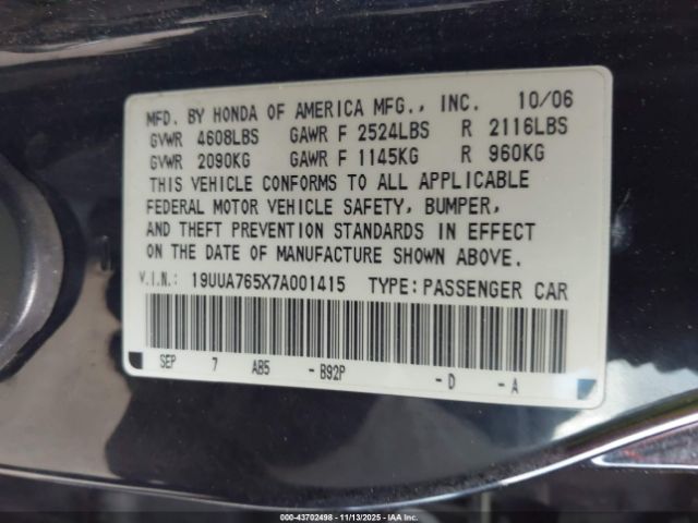 2007 ACURA TL 19UUA765X7A001415 Photo 8