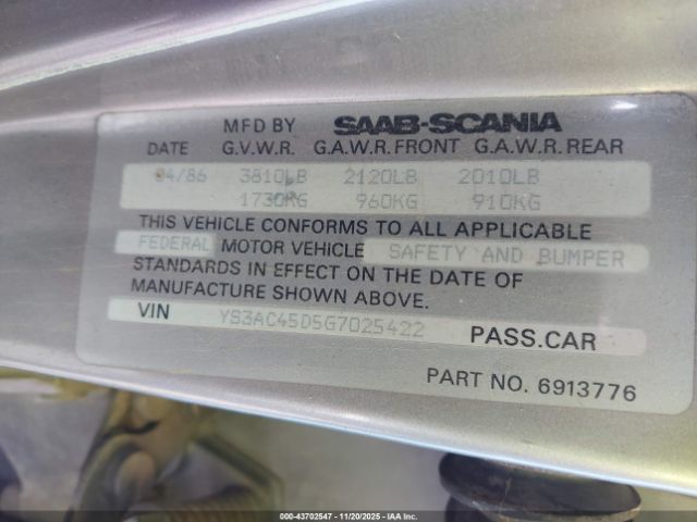 1986 SAAB 900 YS3AC45D5G7025422 Photo 8