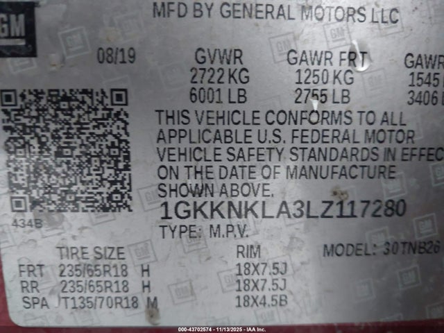 1GKKNKLA3LZ117280 GMC Acadia Fwd Sle