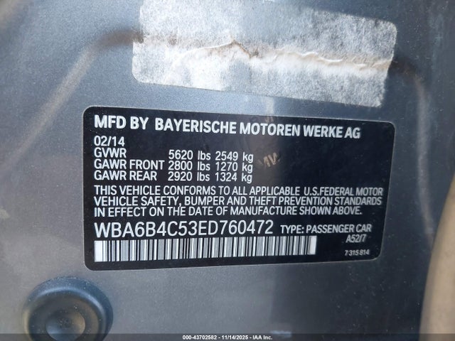 Продаж на аукціоні авто 2014 Bmw 650i Gran Coupe Xdrive, vin: WBA6B4C53ED760472, номер лоту: 43702582
