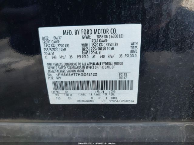 2017 FORD EXPLORER 1FM5K8HT7HGD42122 Photo 8