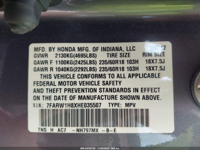 2017 HONDA CR-V 7FARW1H8XHE035507 Photo 8