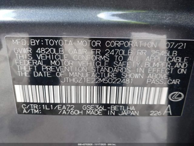 2021 LEXUS IS 350 JTHGZ1E22M5022481 Photo 8