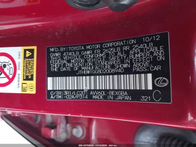 2013 LEXUS ES 300H JTHBW1GG8D2008940 Photo 8