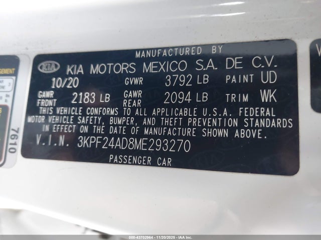 Продажа на аукционе авто 2021 Kia Forte Lxs, vin: 3KPF24AD8ME293270, номер лота: 43702964