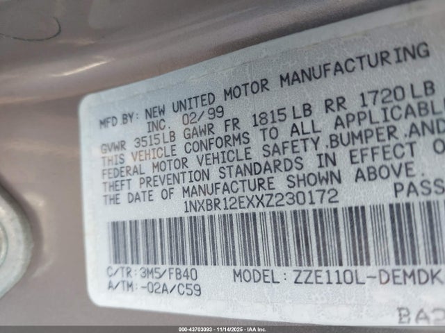 1999 TOYOTA COROLLA 1NXBR12EXXZ230172 Photo 8