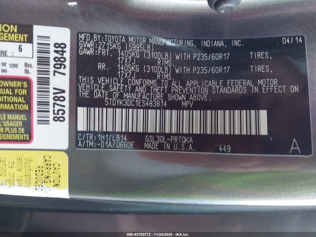 5TDYK3DC1ES483814 Toyota Sienna Xle V6 8 Passenger