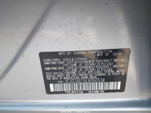 JF2GTAEC5L8250534 Subaru Crosstrek Premium