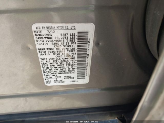 2012 NISSAN MURANO JN8AZ1MW0CW238760 Photo 8