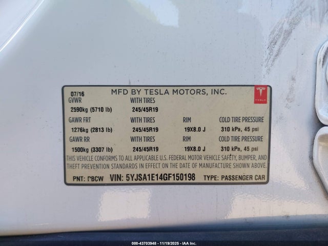 2016 TESLA MODEL S 5YJSA1E14GF150198 Photo 8