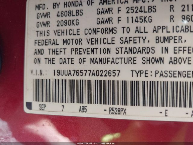 2007 ACURA TL 19UUA76577A022657 Photo 8