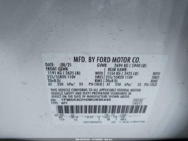 2021 FORD EXPLORER 1FMSK8DH0MGB96449 Photo 8
