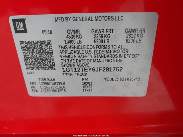 Продажа на аукционе авто 2018 Gmc Sierra 2500hd Slt, vin: 1GT12TEY6JF281752, номер лота: 43704278