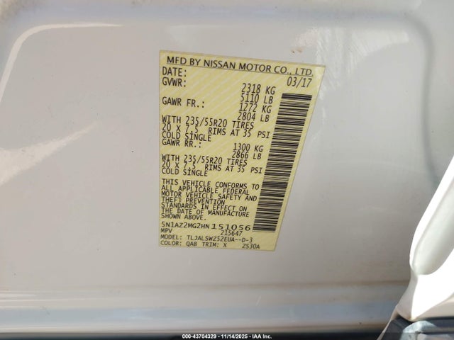 5N1AZ2MG2HN151056 Nissan Murano Platinum