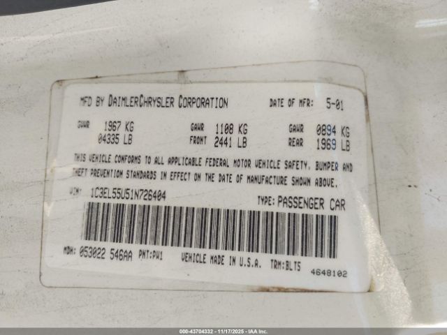 2001 CHRYSLER SEBRING 1C3EL55U51N726404 Photo 8