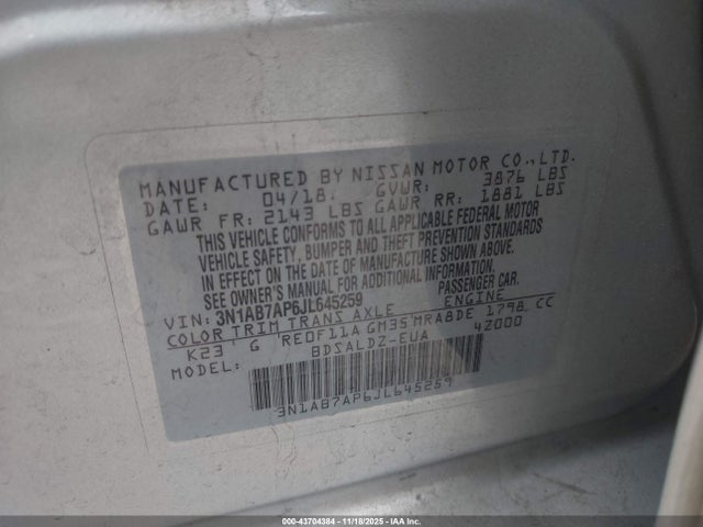 3N1AB7AP6JL645259 Nissan SENTRA SV