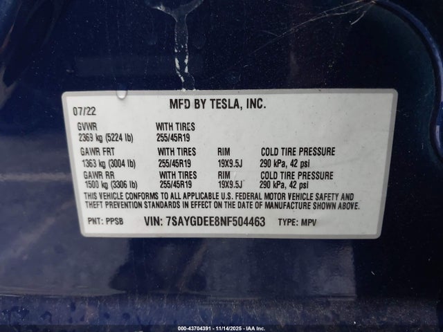 2022 TESLA MODEL Y 7SAYGDEE8NF504463 Photo 8