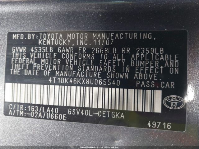 2008 TOYOTA CAMRY 4T1BK46KX8U065540 Photo 8