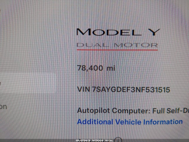Aukcja sprzedaży 2022 Tesla Model Y Performance Dual Motor All-wheel Drive, vin: 7SAYGDEF3NF531515, numer aukcji: 43704429