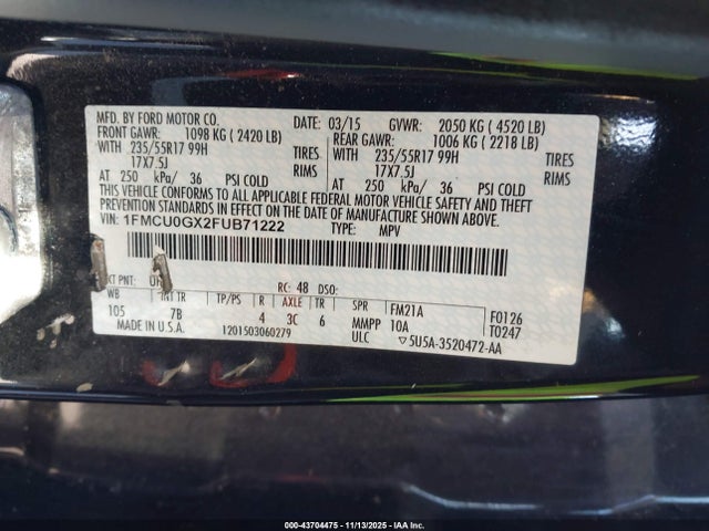 Продажа на аукционе авто 2015 Ford Escape Se, vin: 1FMCU0GX2FUB71222, номер лота: 43704475