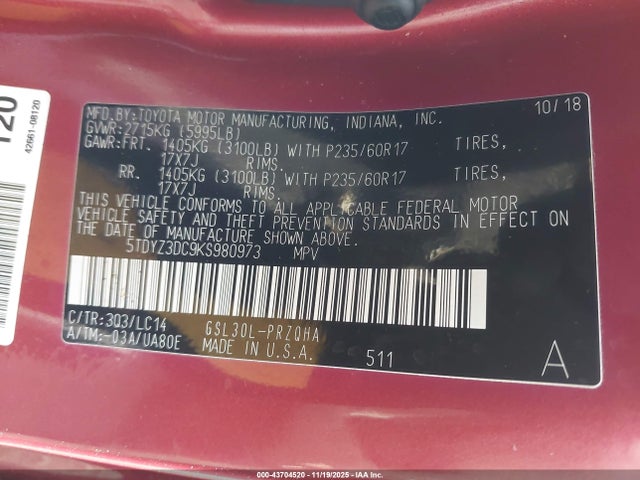 5TDYZ3DC9KS980973 Toyota Sienna Xle 8 Passenger