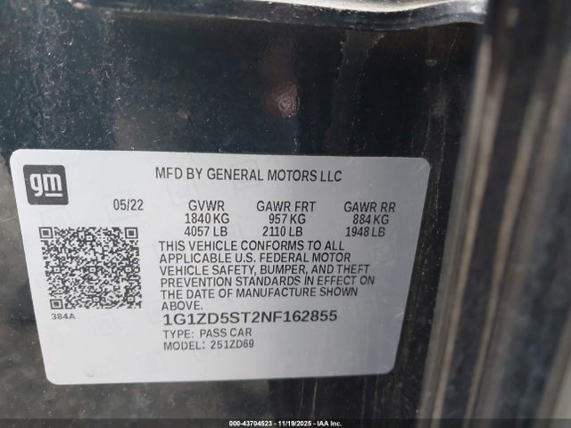 1G1ZD5ST2NF162855 Chevrolet Malibu Fwd Lt