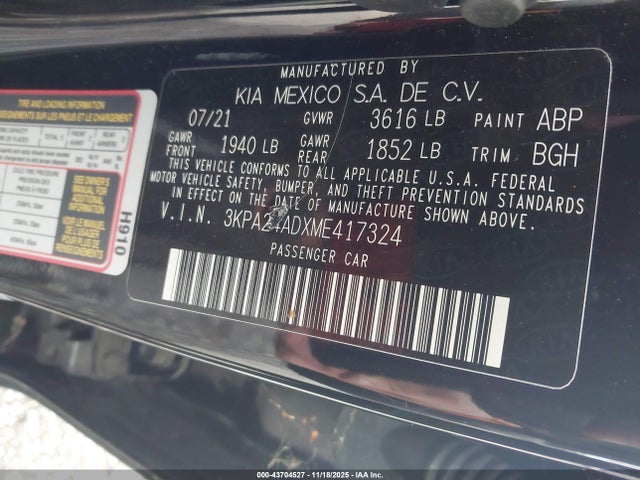 Aukcja sprzedaży 2021 Kia Rio S, vin: 3KPA24ADXME417324, numer aukcji: 43704527