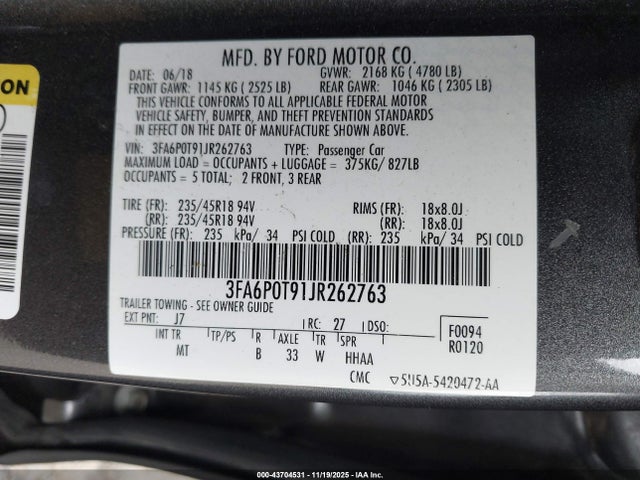 3FA6P0T91JR262763 Ford FUSION SE