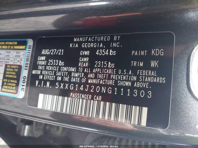 Aukcja sprzedaży 2022 Kia K5 Lxs, vin: 5XXG14J20NG111303, numer aukcji: 43704532