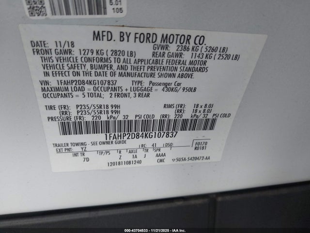 1FAHP2D84KG107837 Ford TAURUS SE
