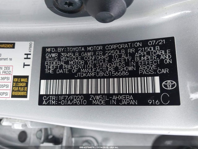 JTDKAMFU8N3156686 Toyota Prius Le