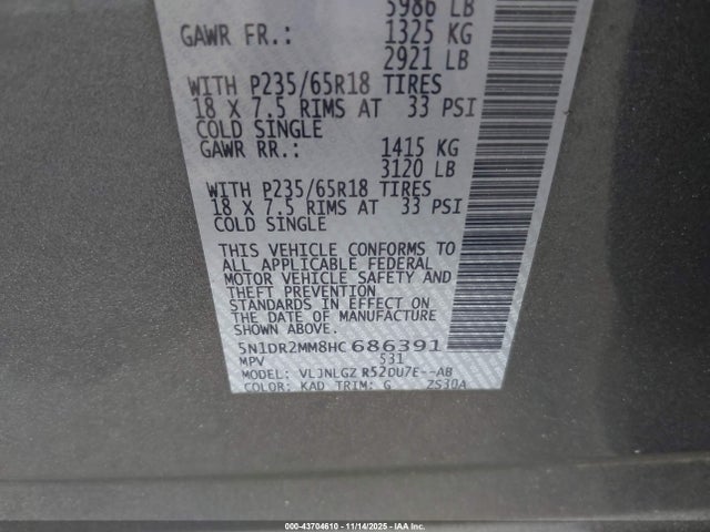 5N1DR2MM8HC686391 Nissan Pathfinder Sl