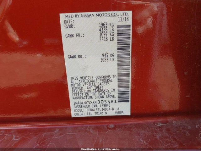 1N4BL4CVXKN305581 Nissan Altima 2.5 Sr