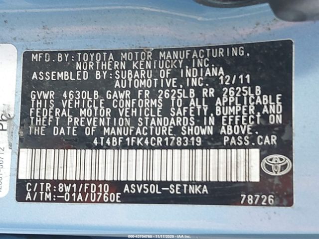 2012 TOYOTA CAMRY 4T4BF1FK4CR178319 Photo 8