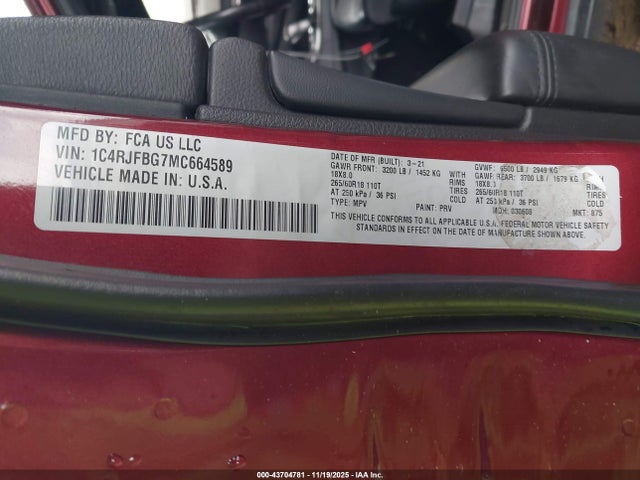 Aukcja sprzedaży 2021 Jeep Grand Cherokee Limited 4x4, vin: 1C4RJFBG7MC664589, numer aukcji: 43704781