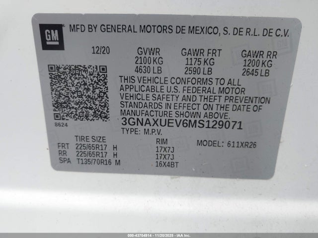 3GNAXUEV6MS129071 Chevrolet Equinox Awd Lt
