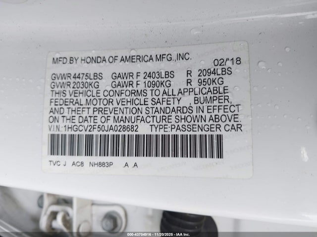 1HGCV2F50JA028682 Honda Accord Ex-l 2.0t