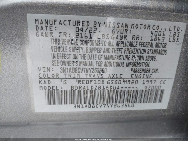 3N1AB8CV7NY263560 Nissan Sentra Sv Xtronic Cvt