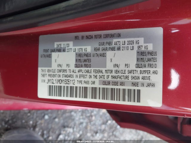 Aukcja sprzedaży 2021 Mazda Mazda6 Touring, vin: JM1GL1VM0M1605112, numer aukcji: 43704923
