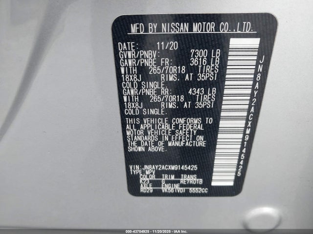 2021 Nissan Armada Sv 2wd მანქანა იყიდება აუქციონზე, vin: JN8AY2ACXM9145425, აუქციონის ნომერი: 43704925