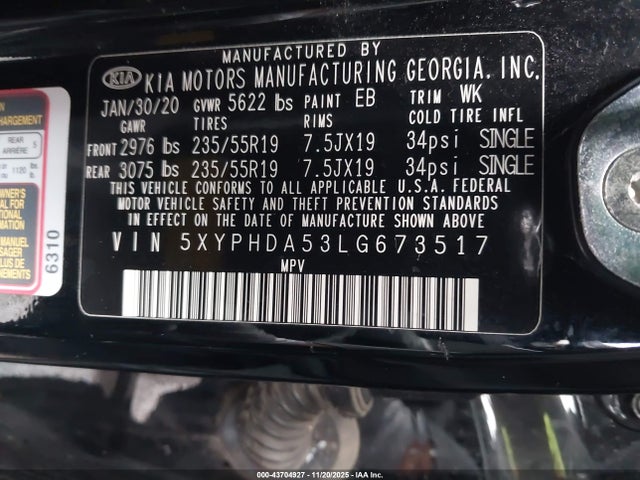 5XYPHDA53LG673517 KIA Sorento 3.3l Ex