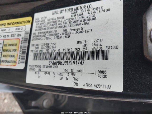 Ford FUSION SE 2020 3FA6P0HD9LR191747 Image 9