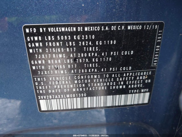 3VV2B7AXXLM081390 Volkswagen Tiguan 2.0t Se/2.0t Se R-line Black/2.0t Sel