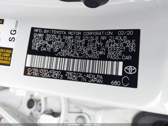 JTDEPRAE3LJ109650 Toyota COROLLA LE