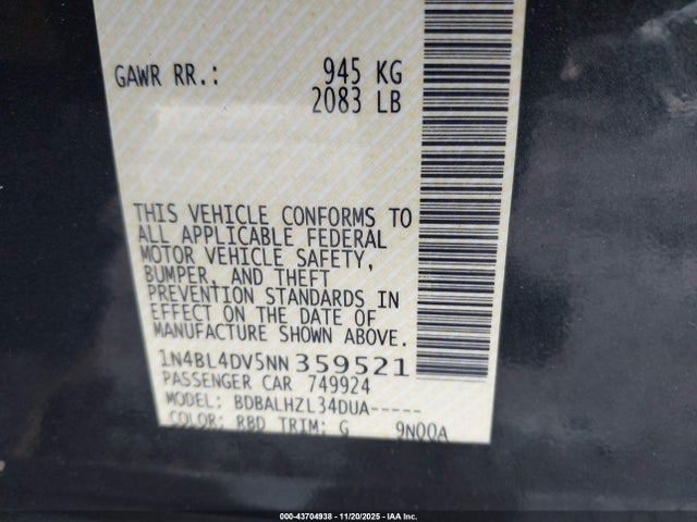 1N4BL4DV5NN359521 Nissan Altima Sv Fwd